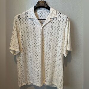 ZARA Men’s White Eyelet Short Sleeve Button-Up Shirt – Size Large